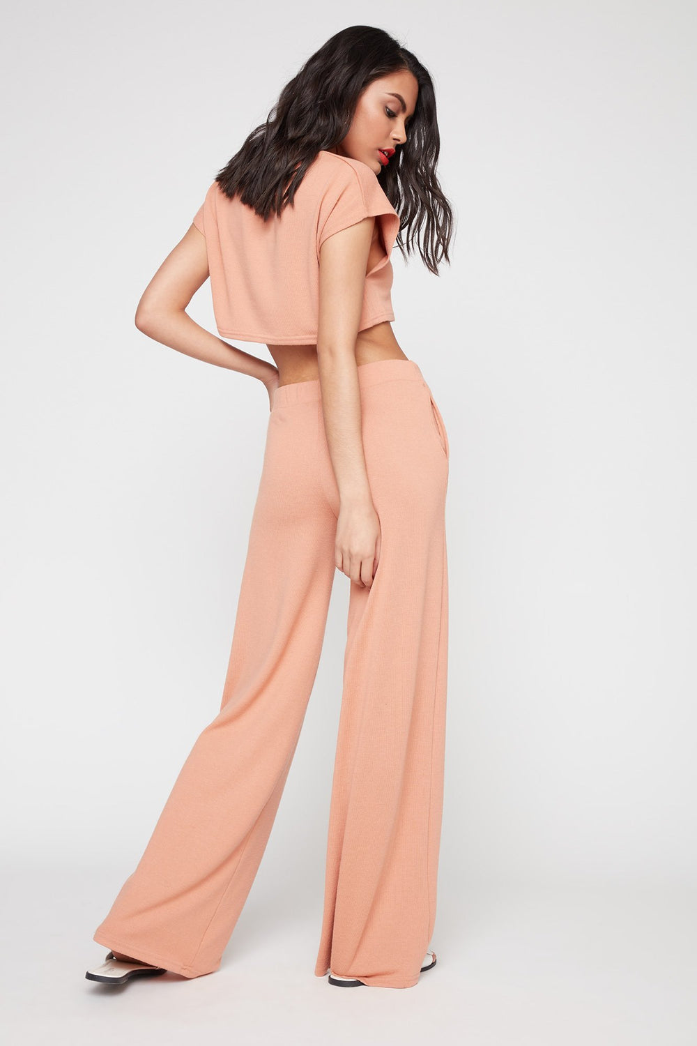 Women Pantalon à taille haute en tricot à jambe large Rose