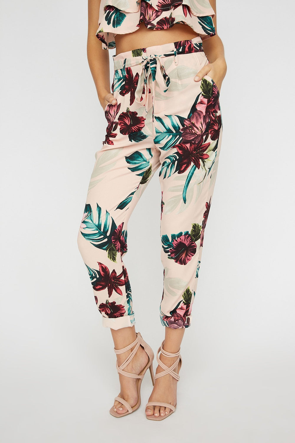 Women Pantalon à taille haute roulée fleuri à taille coulissante Rose