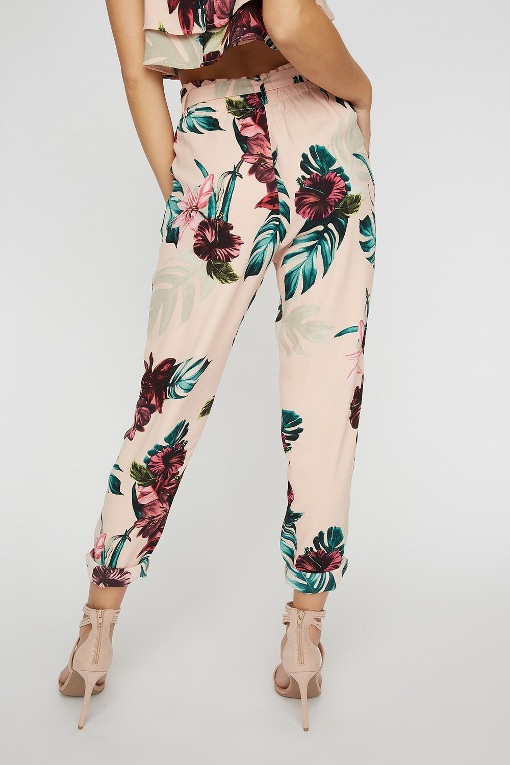 Women Pantalon à taille haute roulée fleuri à taille coulissante Rose