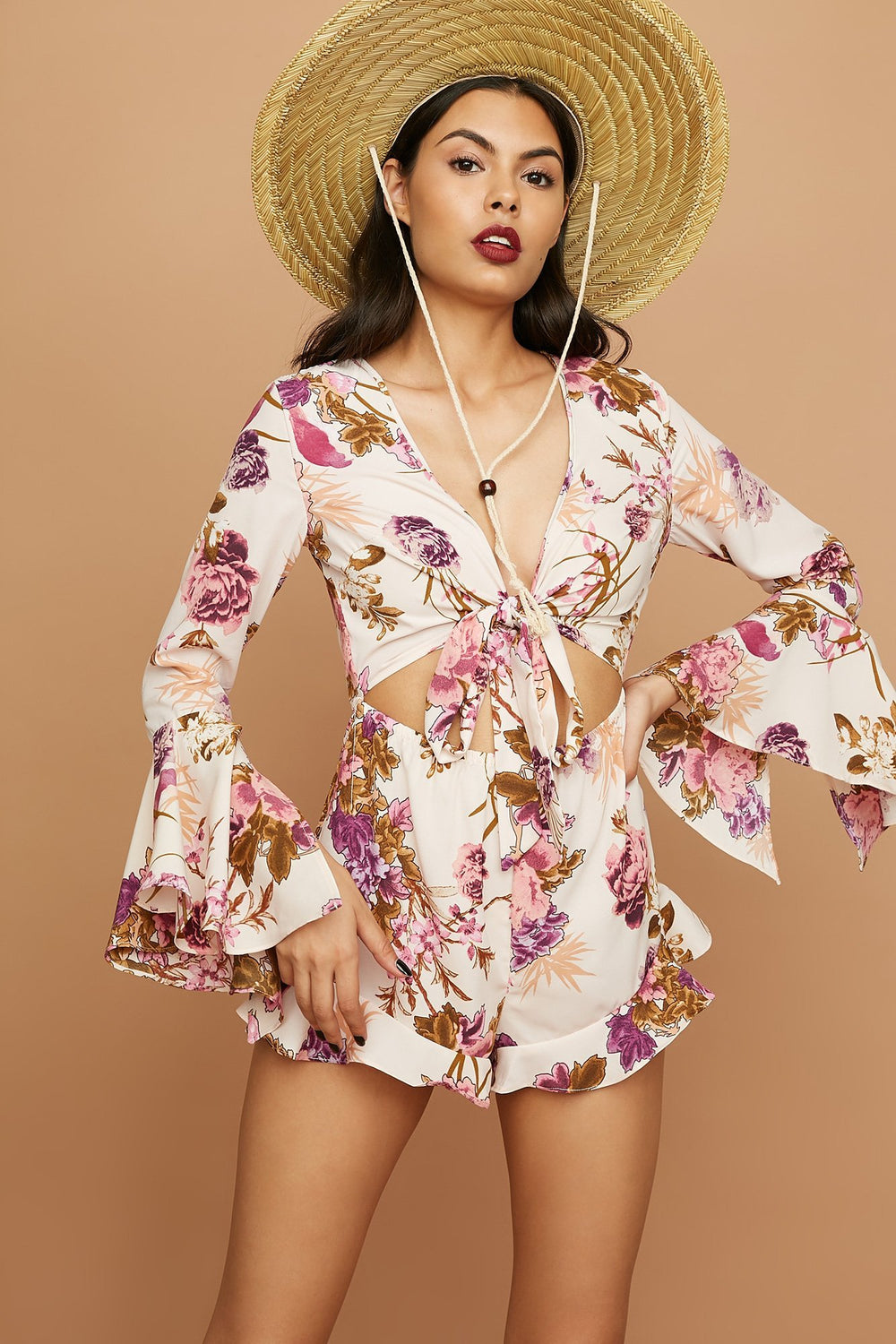Women Printed Bell Sleeve Front-Knot Ruffle Romper Rose