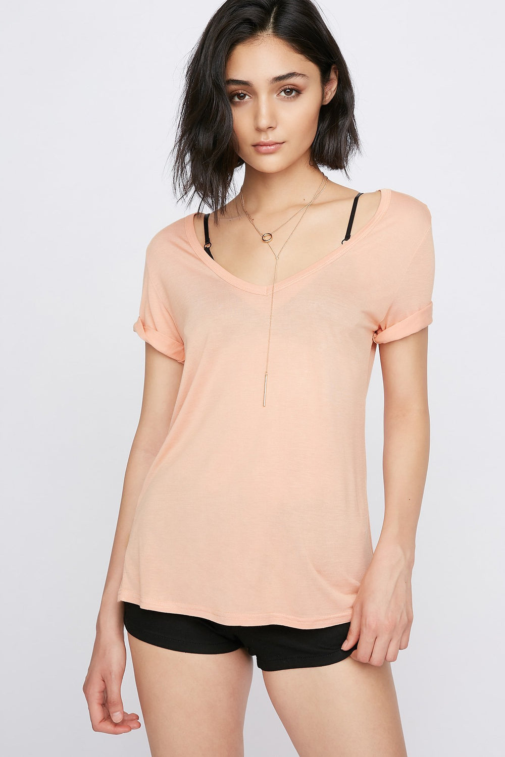 Women T-shirt de base léger à encolure en V Rose