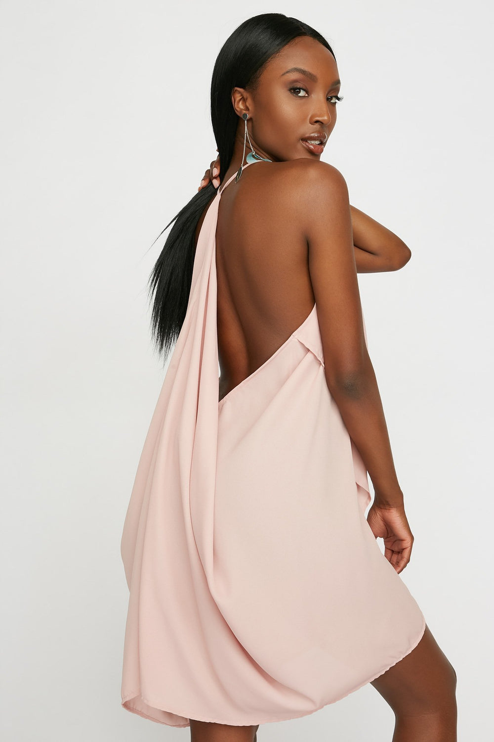Women V-Neck Ruffle Drape Mini Dress Rose
