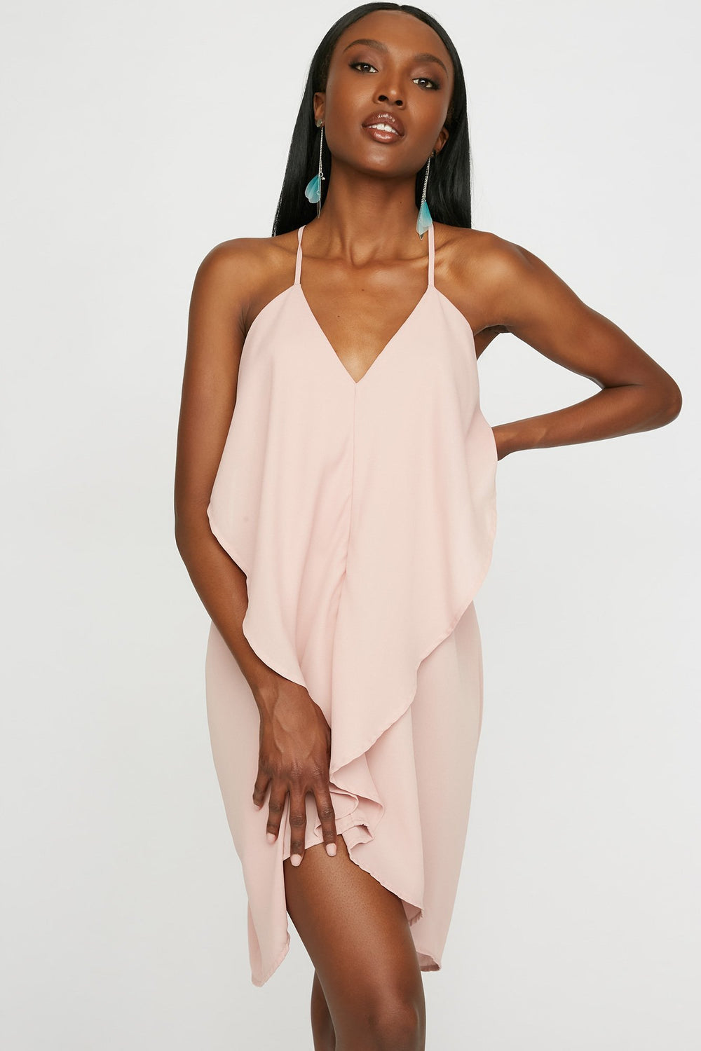 Women V-Neck Ruffle Drape Mini Dress Rose