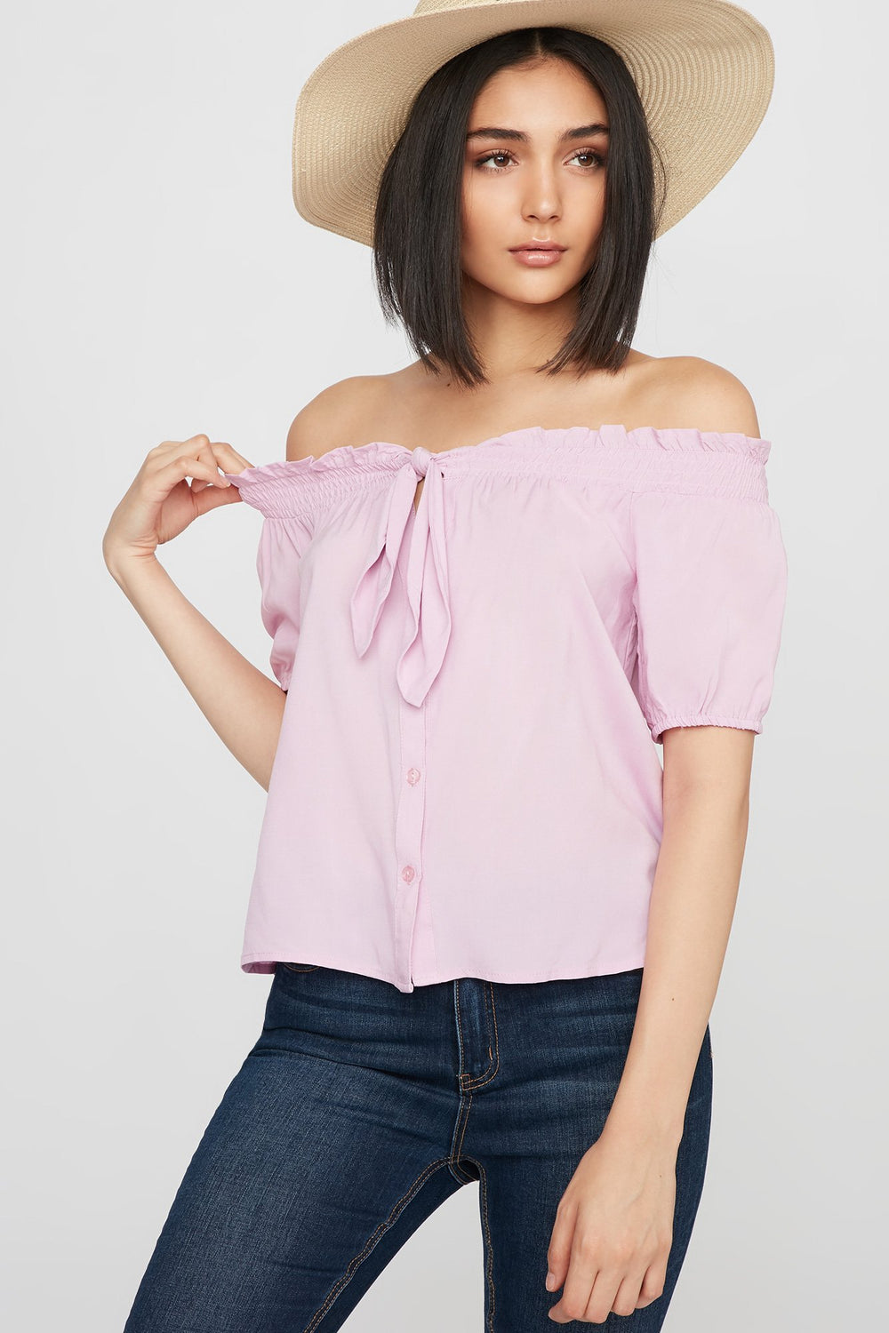 Women Blouse boutonnée smockée lacée à épaules dénudées Rose