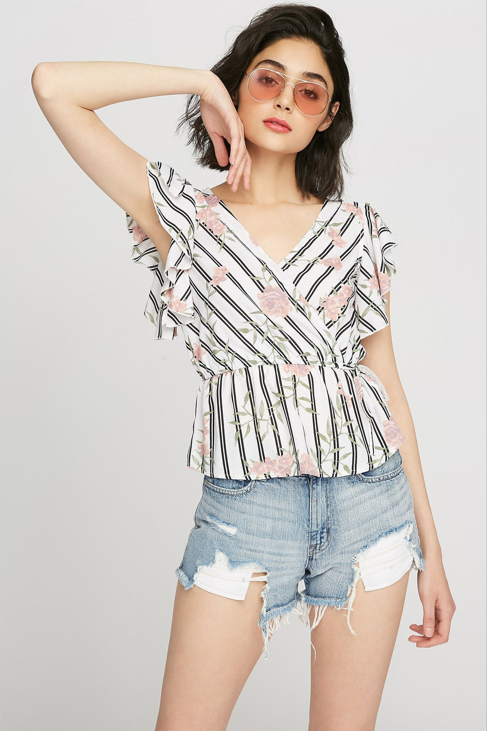 Women Blouse cache-cur volantée imprimée Rose