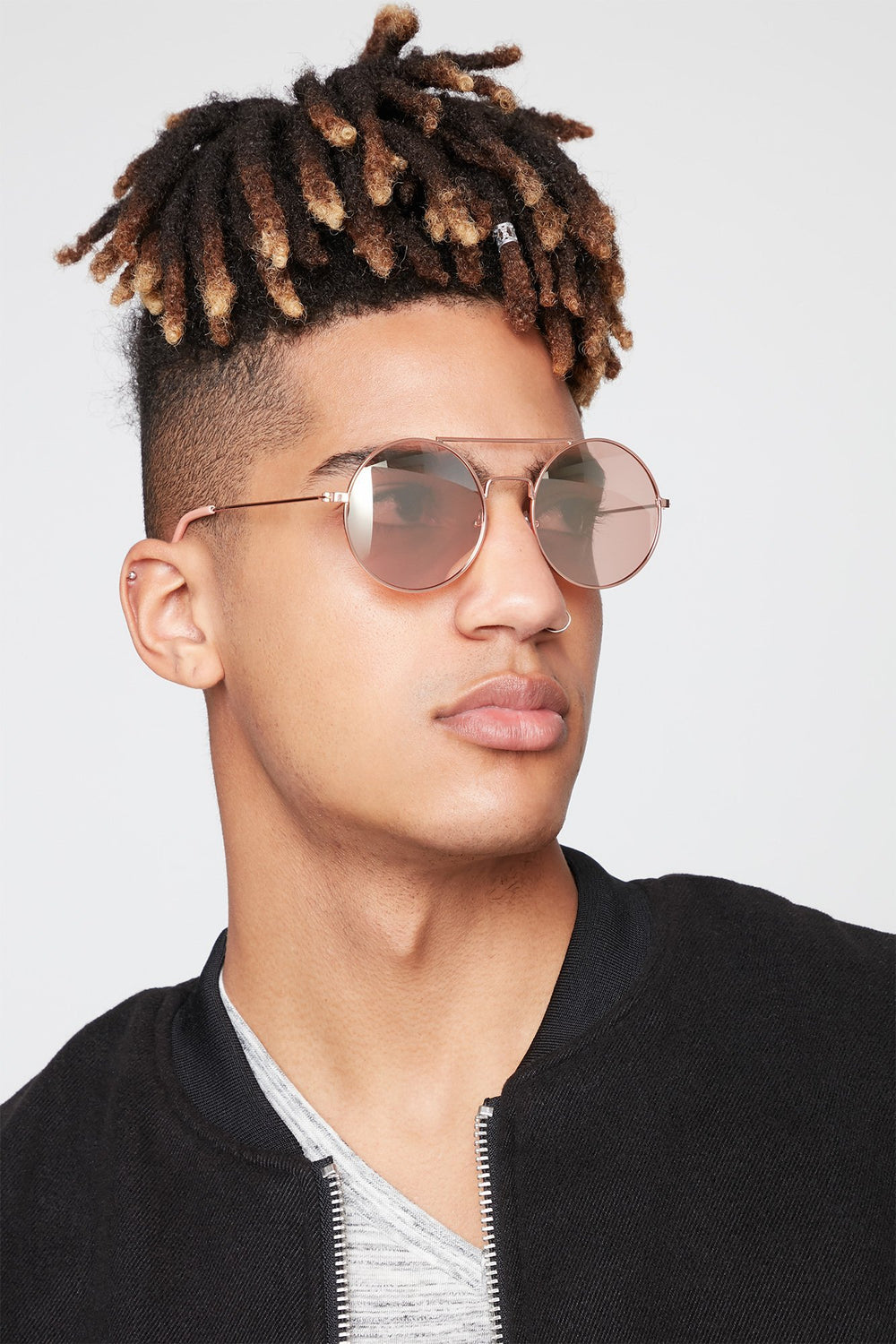 Men Brow Bar Mirrored Round Frame Sunglasses Rose