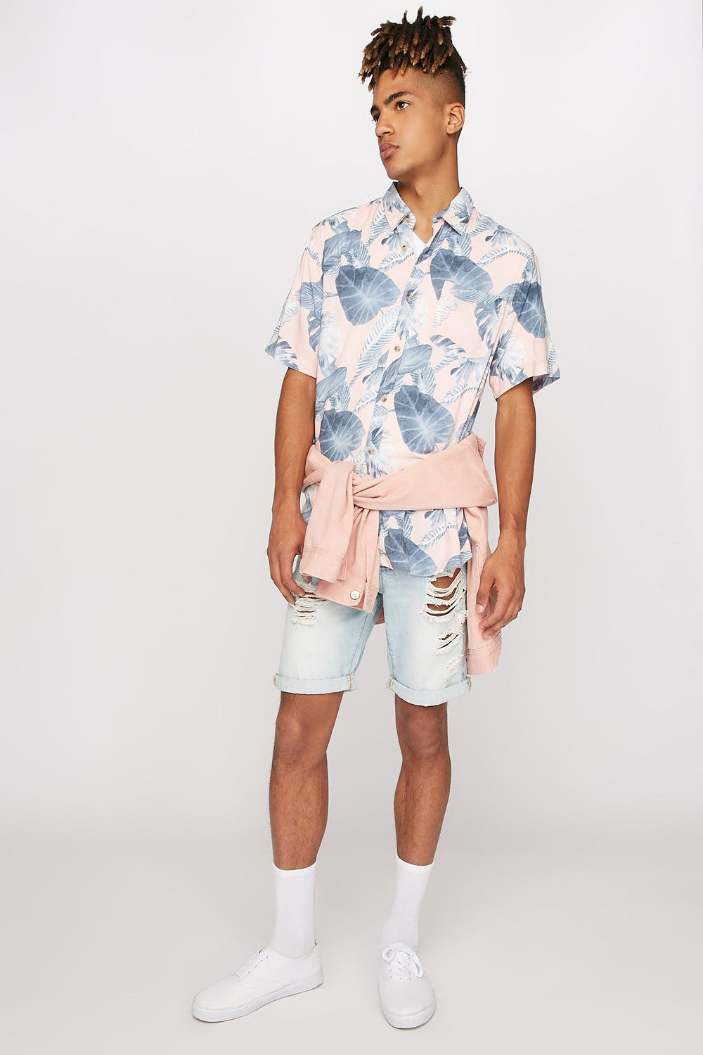 Men Chemise boutonnée à manches courtes avec motif tropical Rose