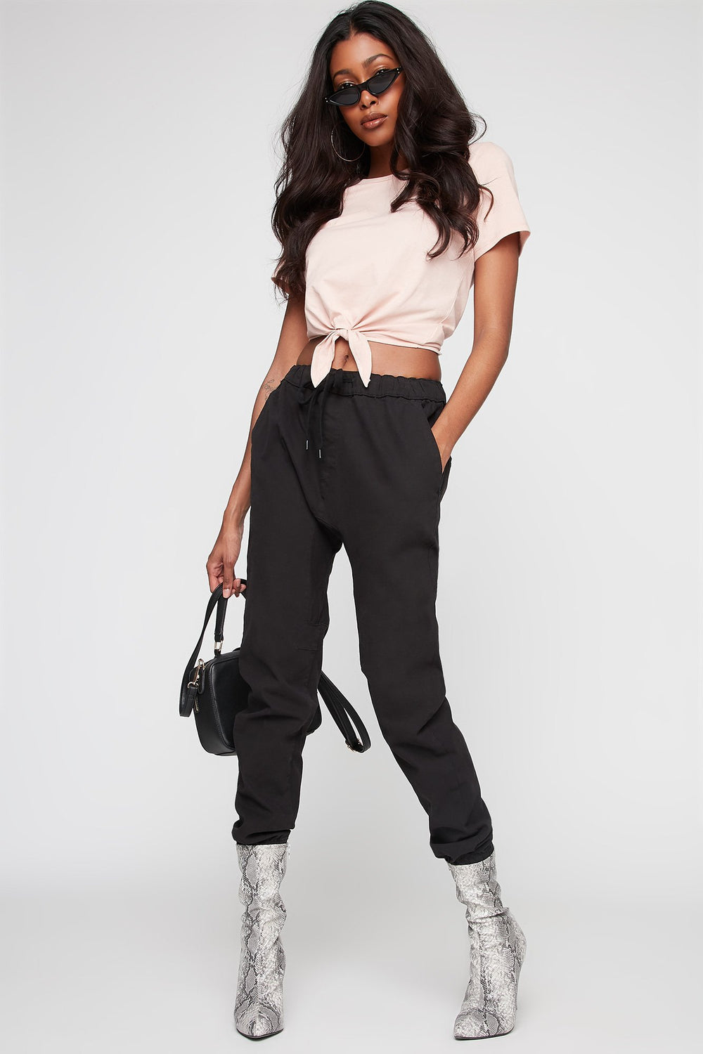 Women Front-Knot Self-Tie Crewneck T-Shirt Rose