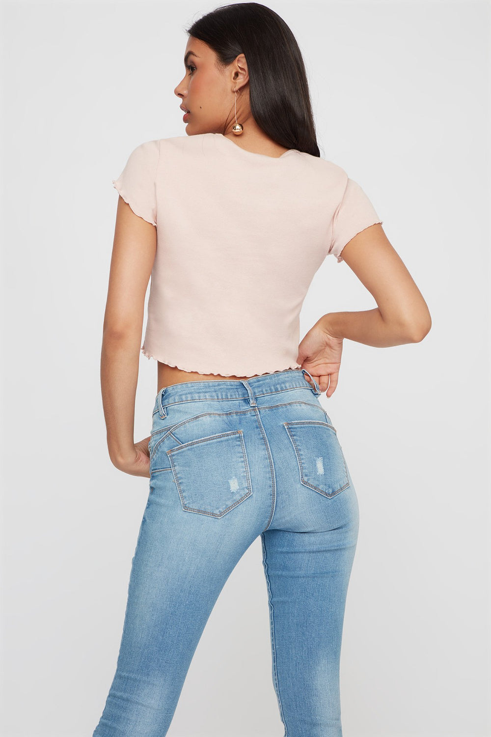 Women Lettuce Hem Cropped Ribbed T-Shirt Rose