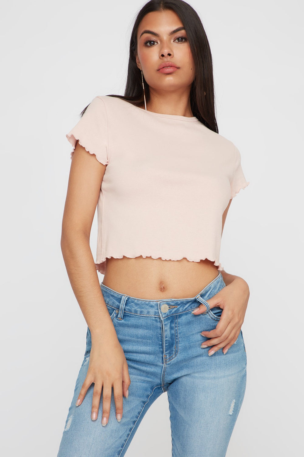 Women Lettuce Hem Cropped Ribbed T-Shirt Rose