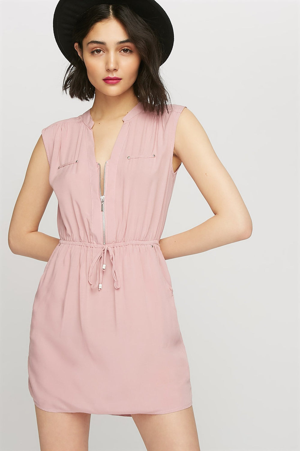 women Minirobe sans manches à demi-fermeture à glissière et taille coulissante Rose