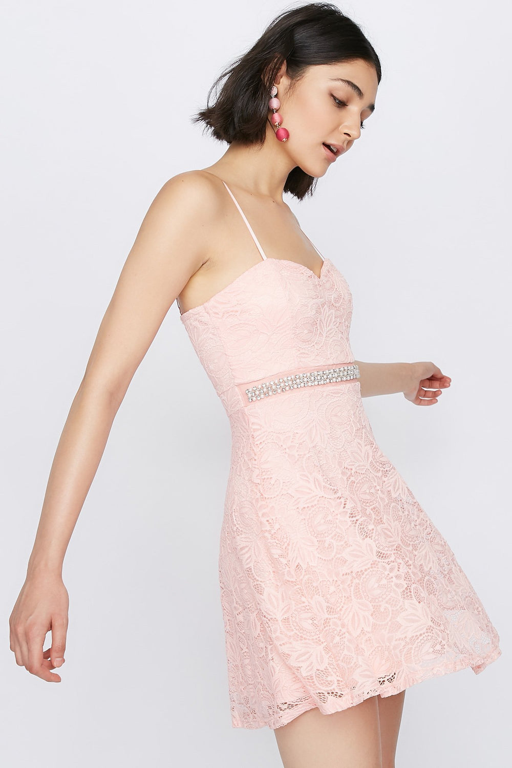 Women Robe ajustée et évasée en dentelle garnie de pierres du Rhin à décolleté en cur Rose