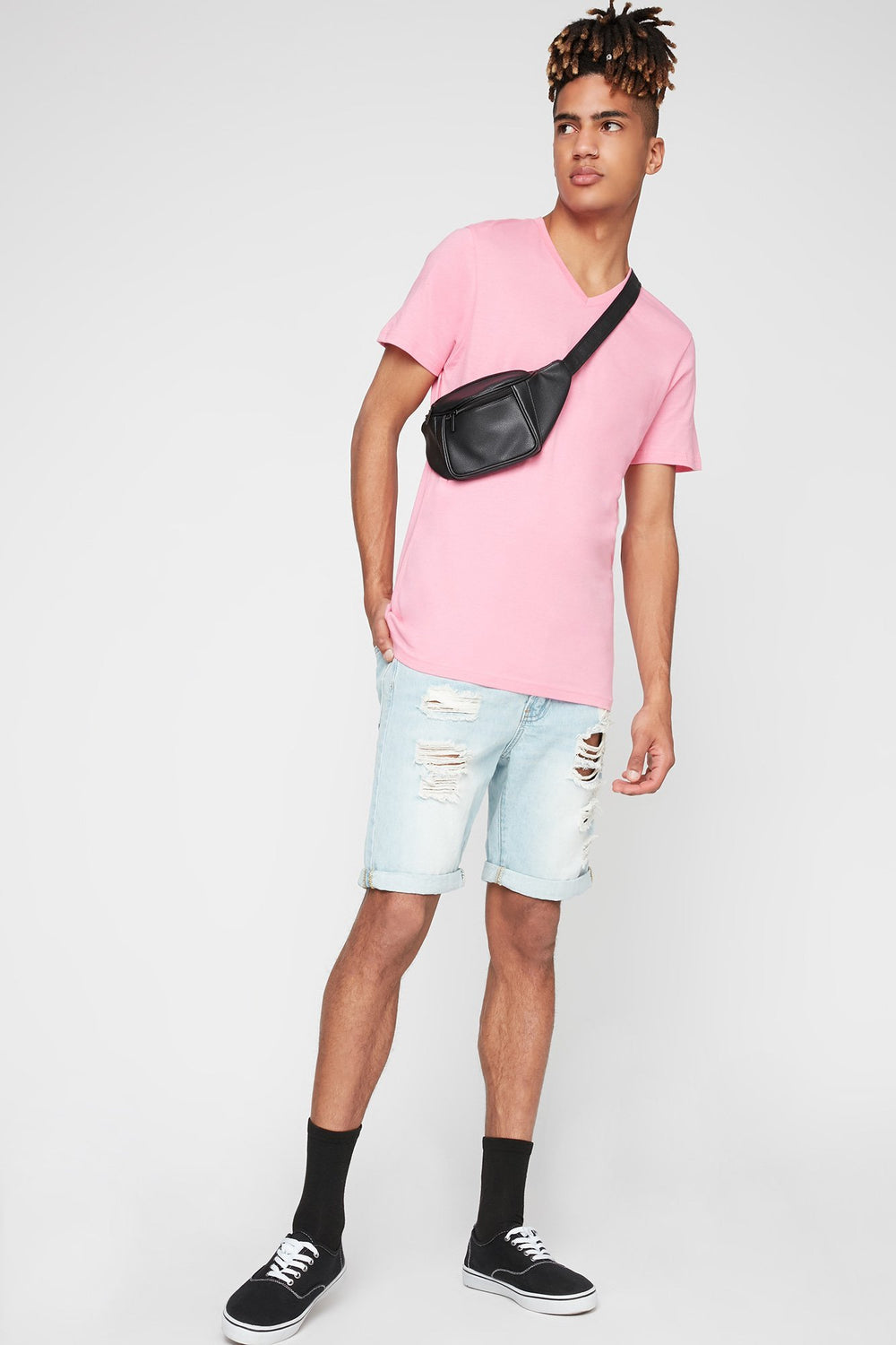 Men T-shirt basique doux pastel à encolure en V Rose