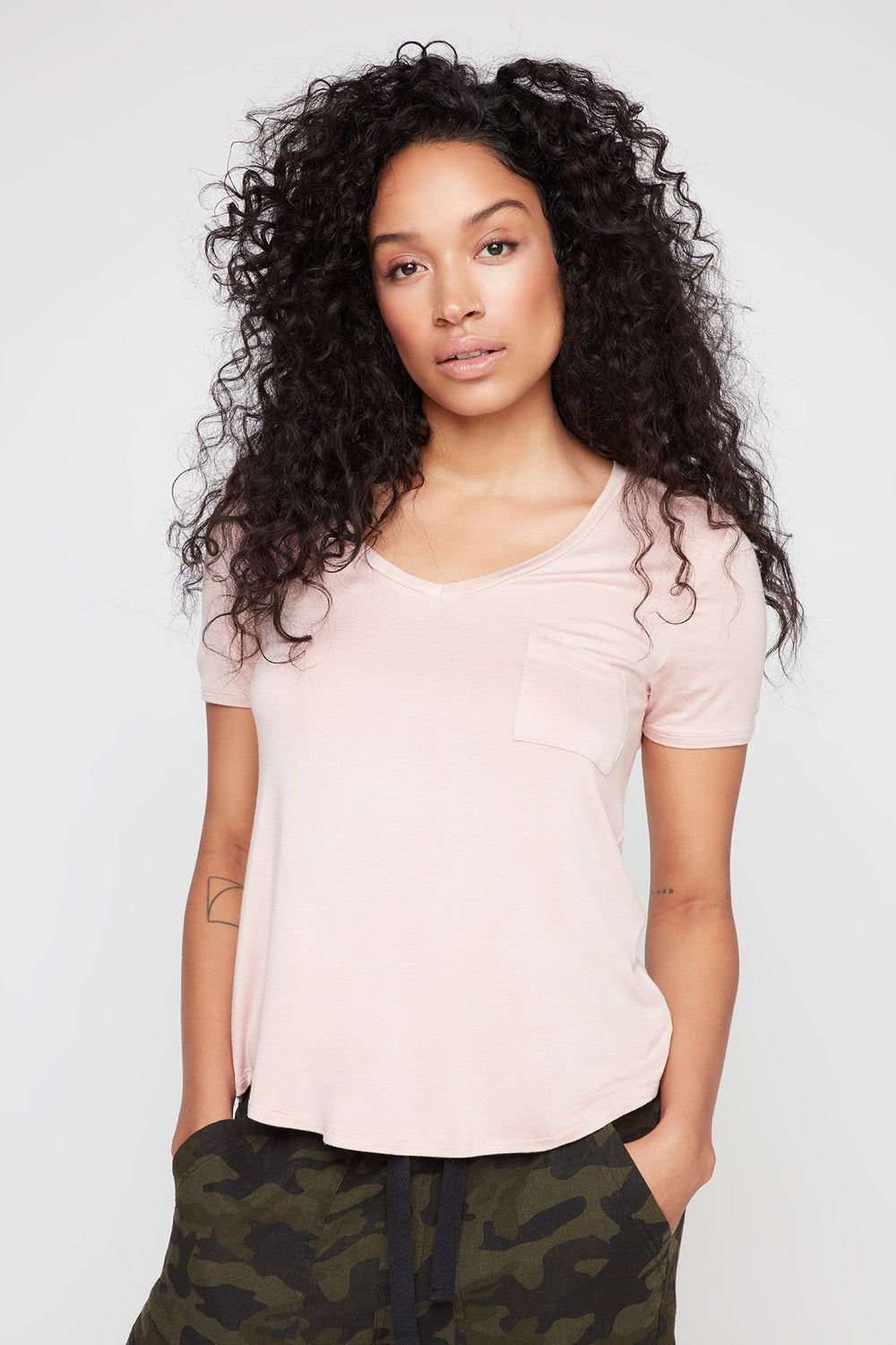 Women V-Neck Lightweight Pocket T-Shirt Rose