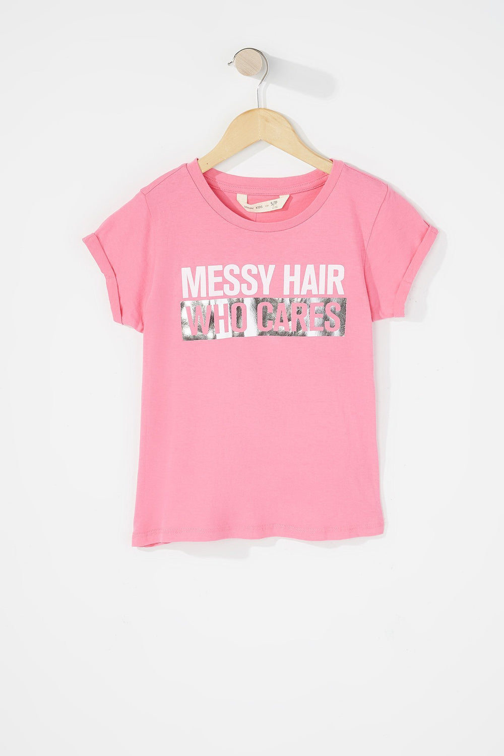 Kids T-shirt à imprimé Messy Hair Who Cares pour fille Rose