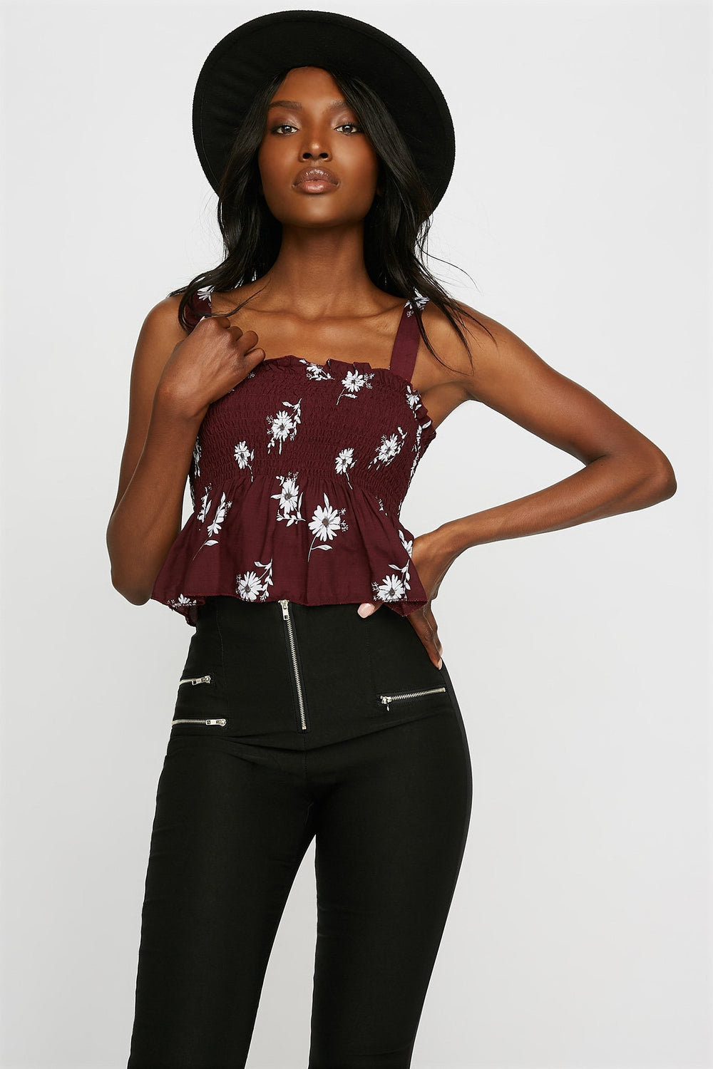 Women Camisole volantée smockée fleurie Rouge foncé