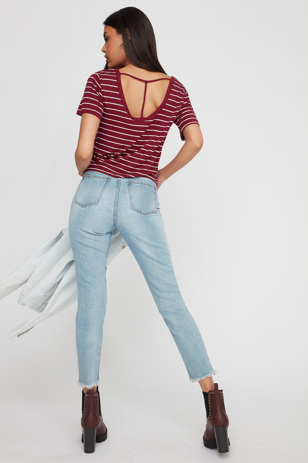 Women T-shirt court rayé à dos en T Rouge foncé
