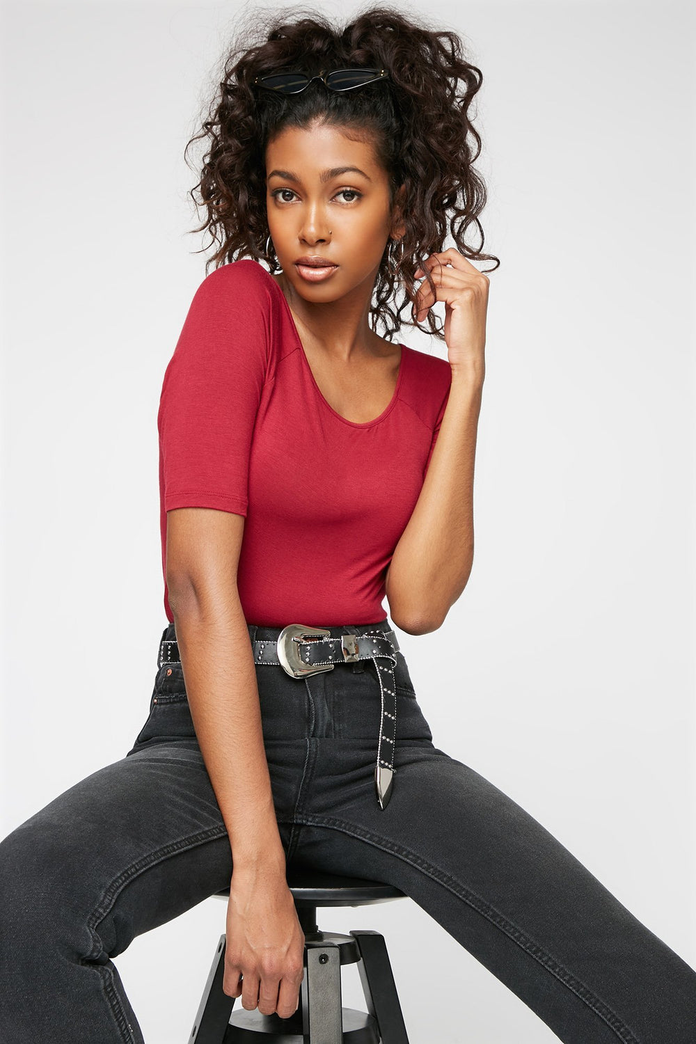 Women T-shirt croisé au dos à encolure arrondie Rouge foncé