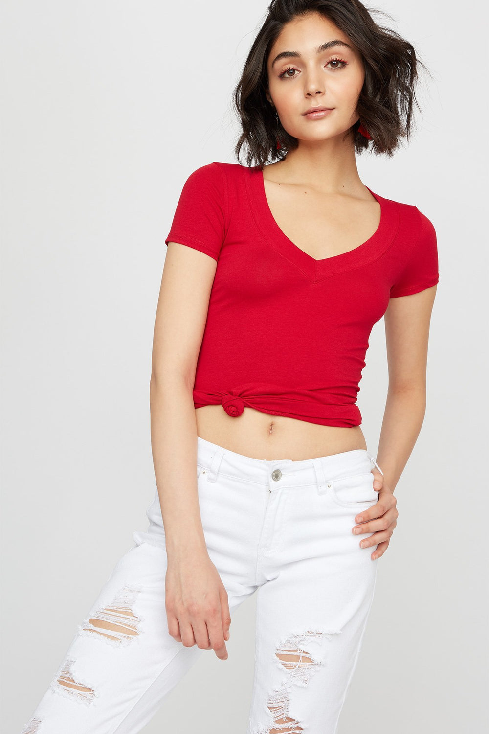 Women T-shirt de bas à encolure en V Rouge foncé