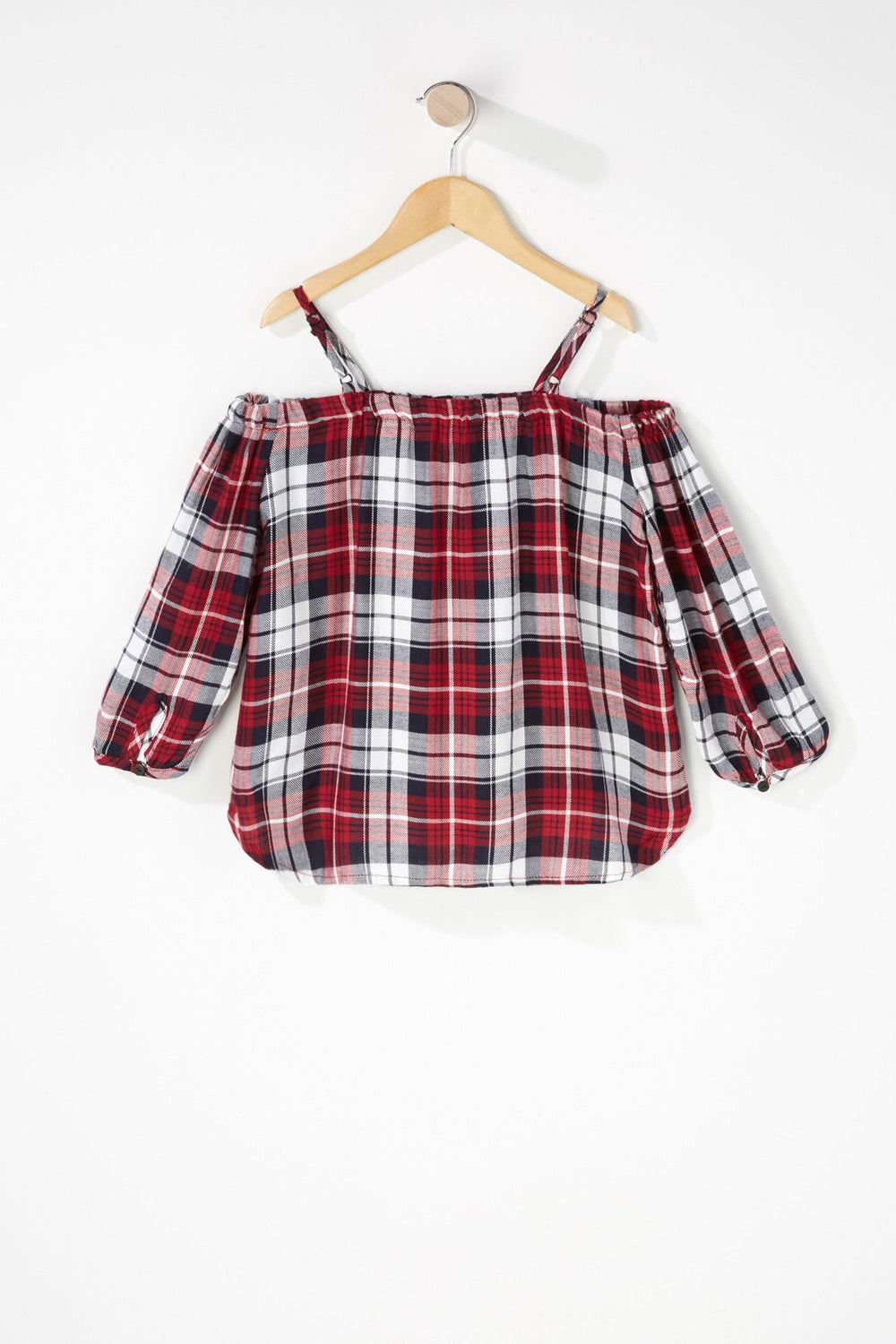 Kids Blouse à carreaux nouée devant avec attache et épaules dénudées pour fille Rouge foncé