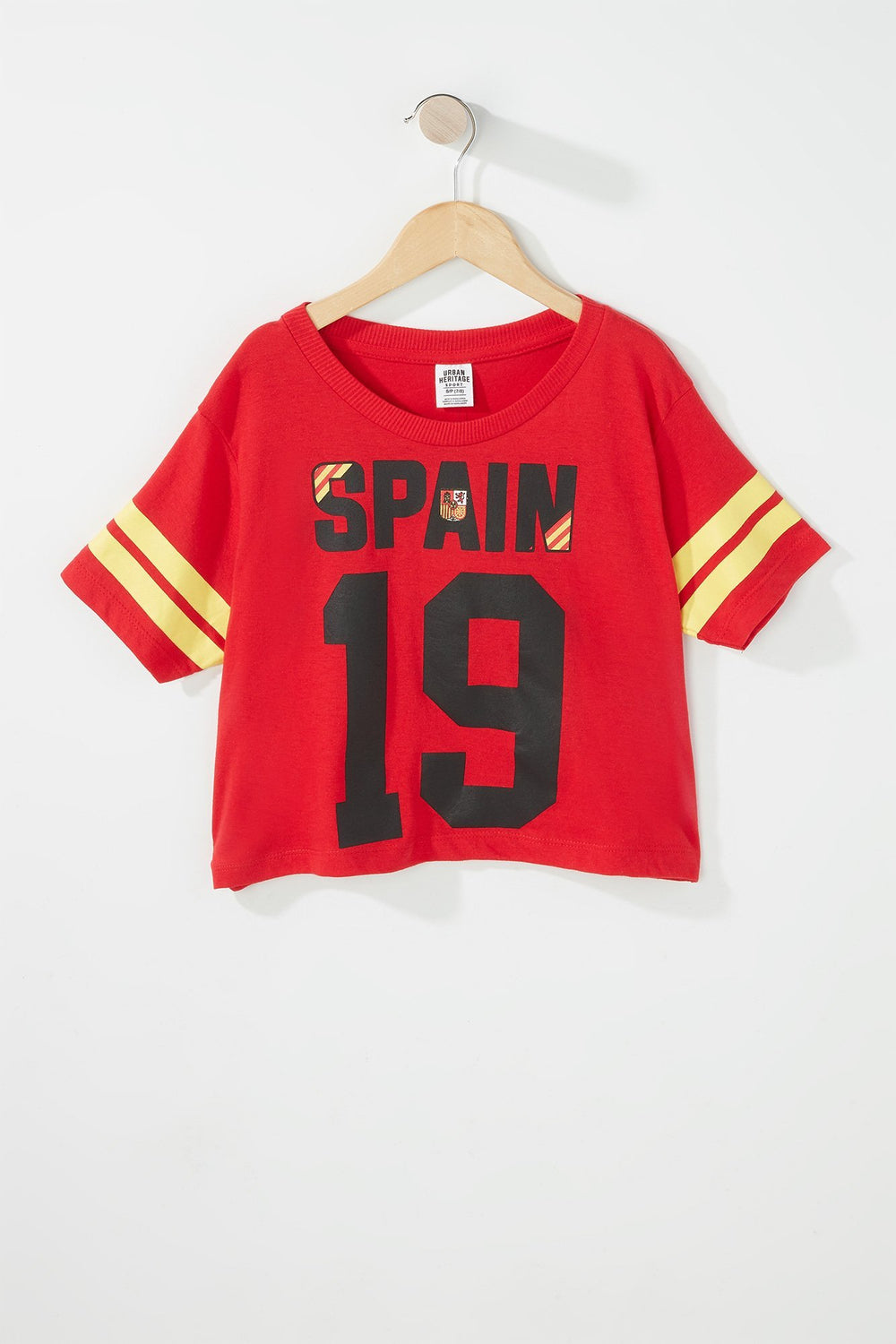 Kids T-shirt court à imprimé World Cup rayé de style universitaire pour fille Rouge foncé
