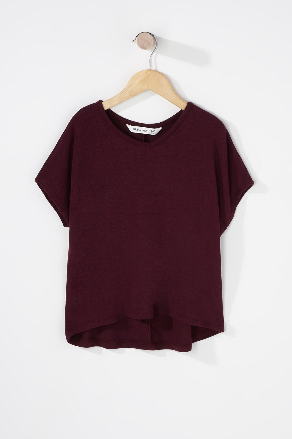 Kids T-shirt de base à manches chauve-souris et encolure en V pour fille Rouge foncé