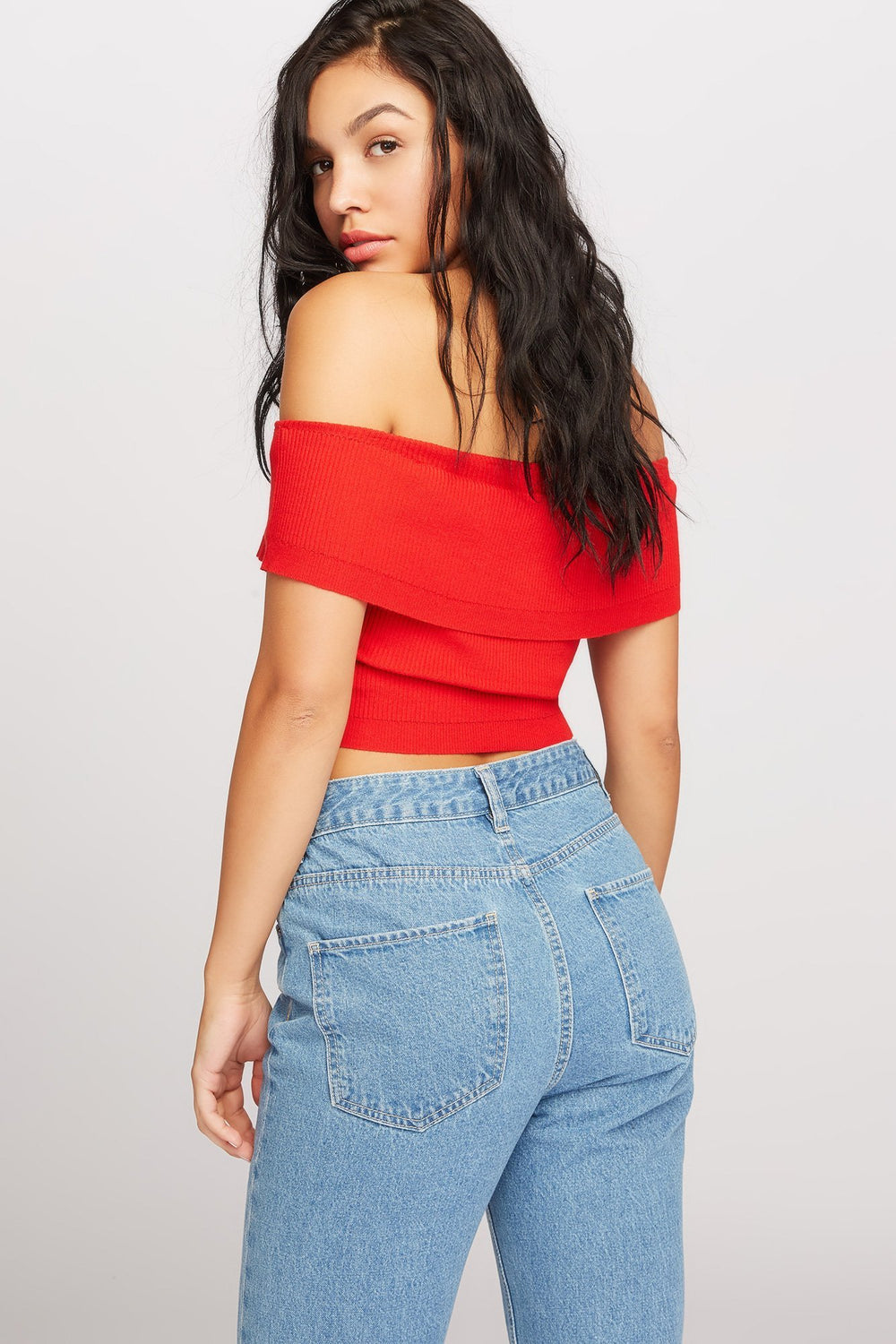 Women Blouse courte côtelée à épaules dénudées Rouge