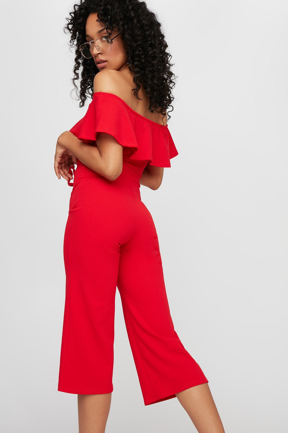 Women Combinaison-culotte volantée avec épaules dénudées et ceinture Rouge