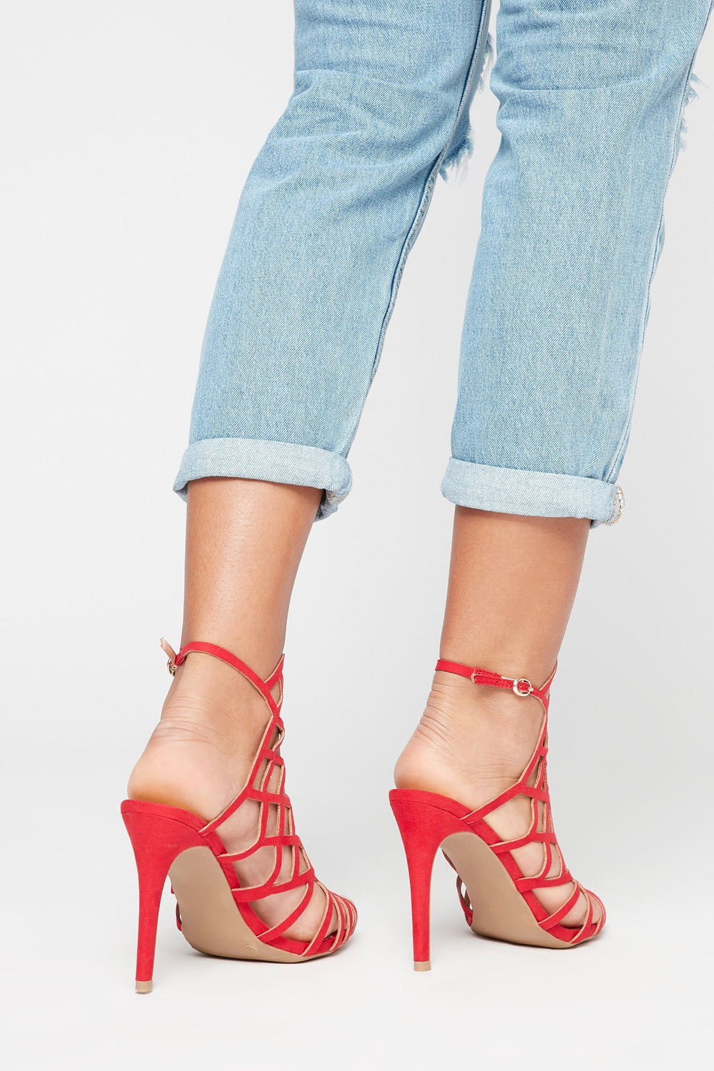 Women Escarpins à talons hauts avec motifs de cage géométriques en similisuède Rouge