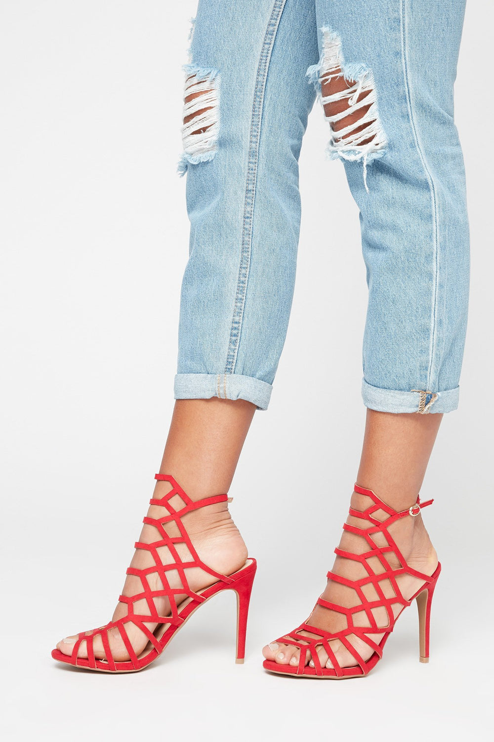Women Escarpins à talons hauts avec motifs de cage géométriques en similisuède Rouge
