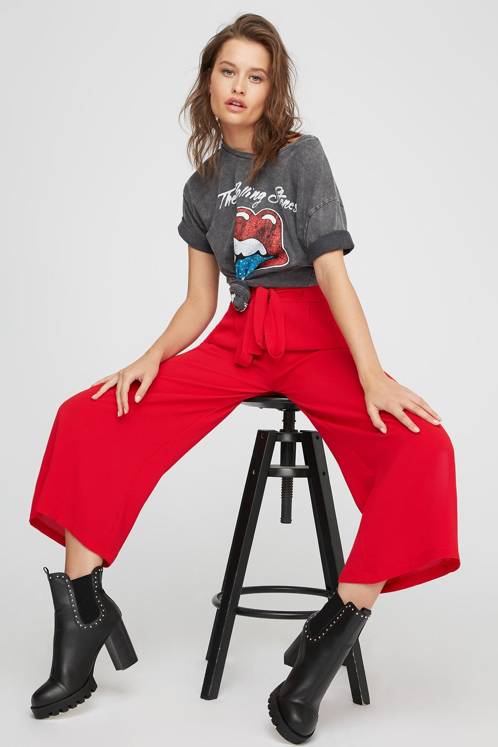Women Jupe-culotte légère à taille haute avec attache Rouge