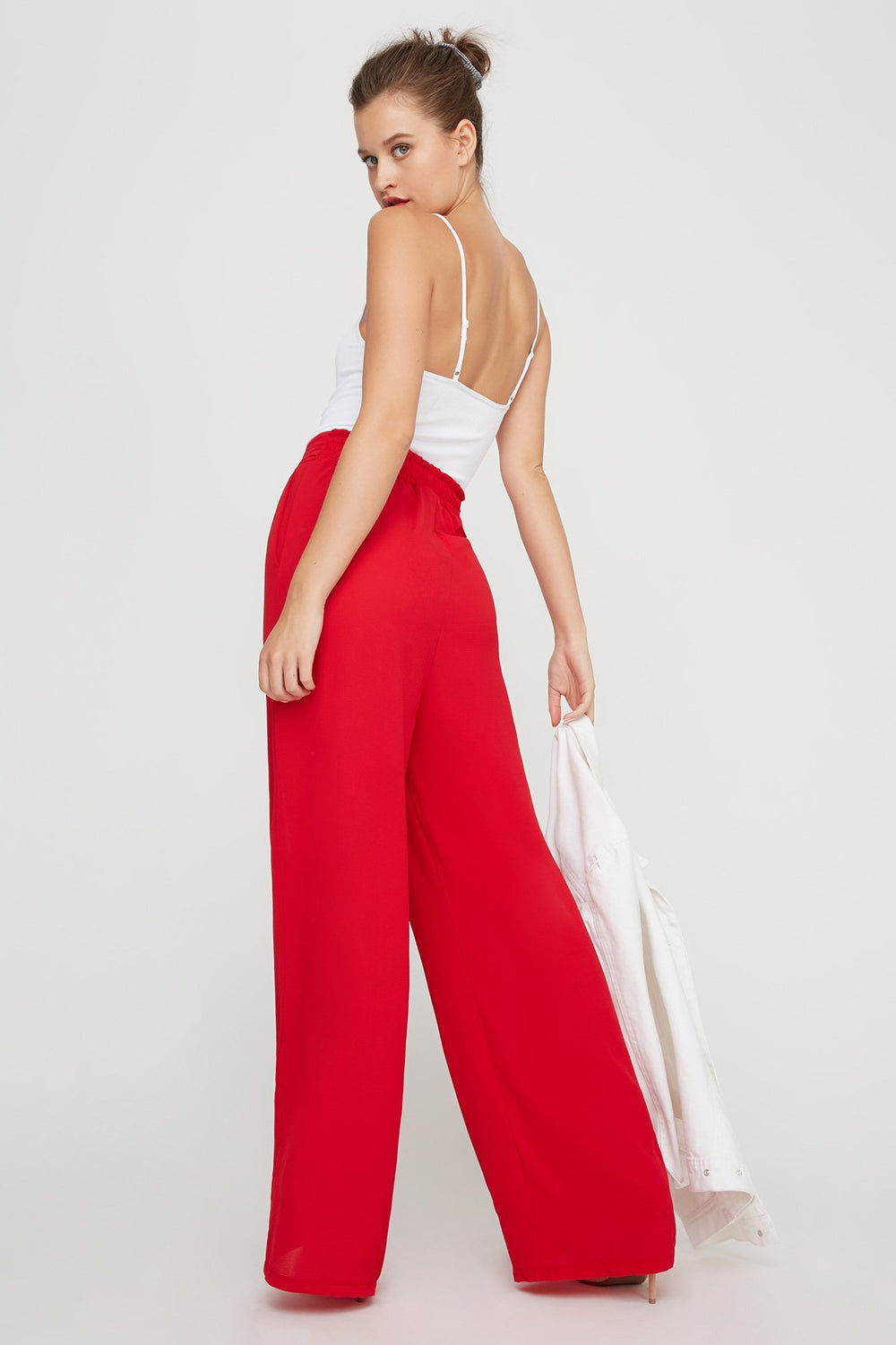 Women Jupe-culotte légère à taille haute avec attache Rouge