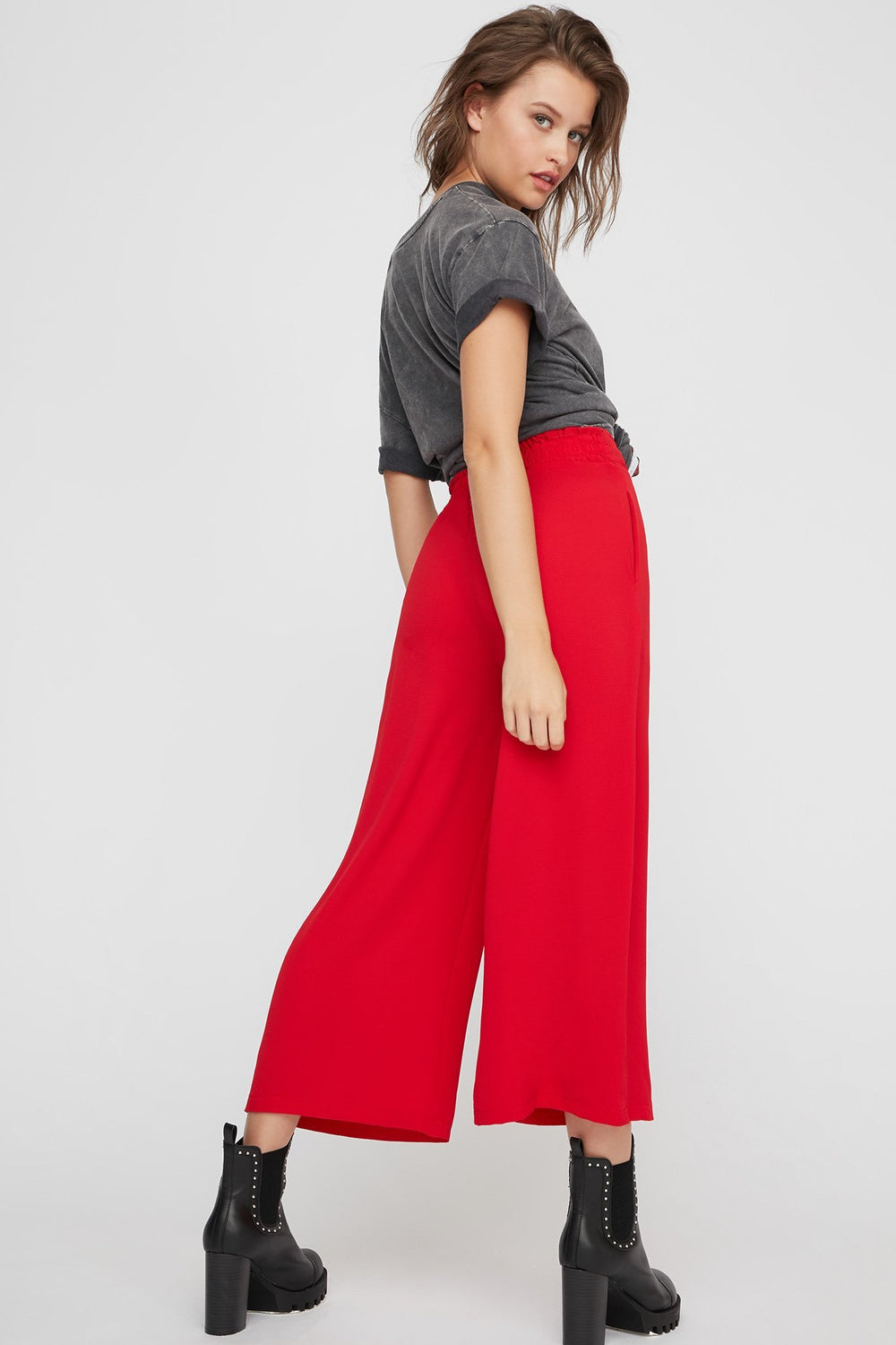 Women Jupe-culotte légère à taille haute avec attache Rouge