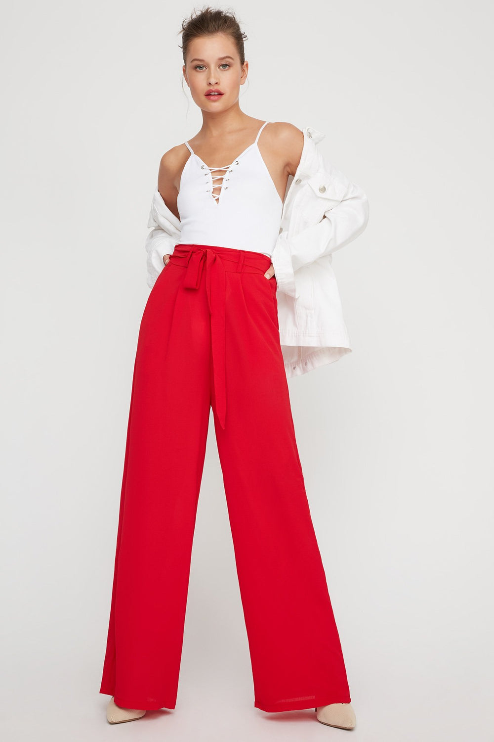 Women Jupe-culotte légère à taille haute avec attache Rouge