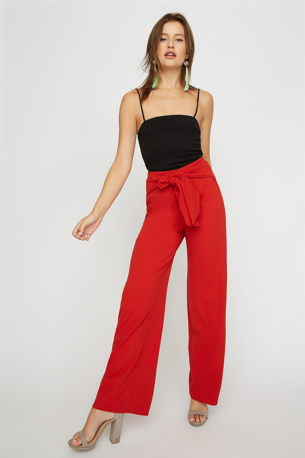 Women Pantalon à jambe large avec attache Rouge