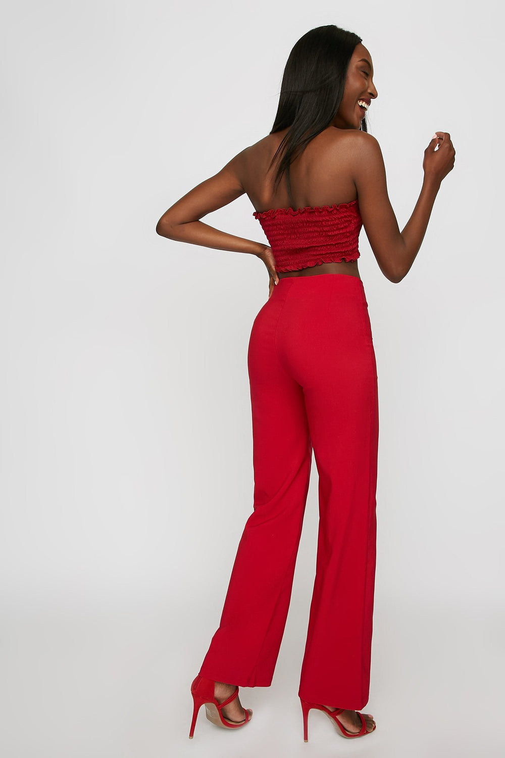 Women Pantalon nervuré à jambe large et taille haute Rouge