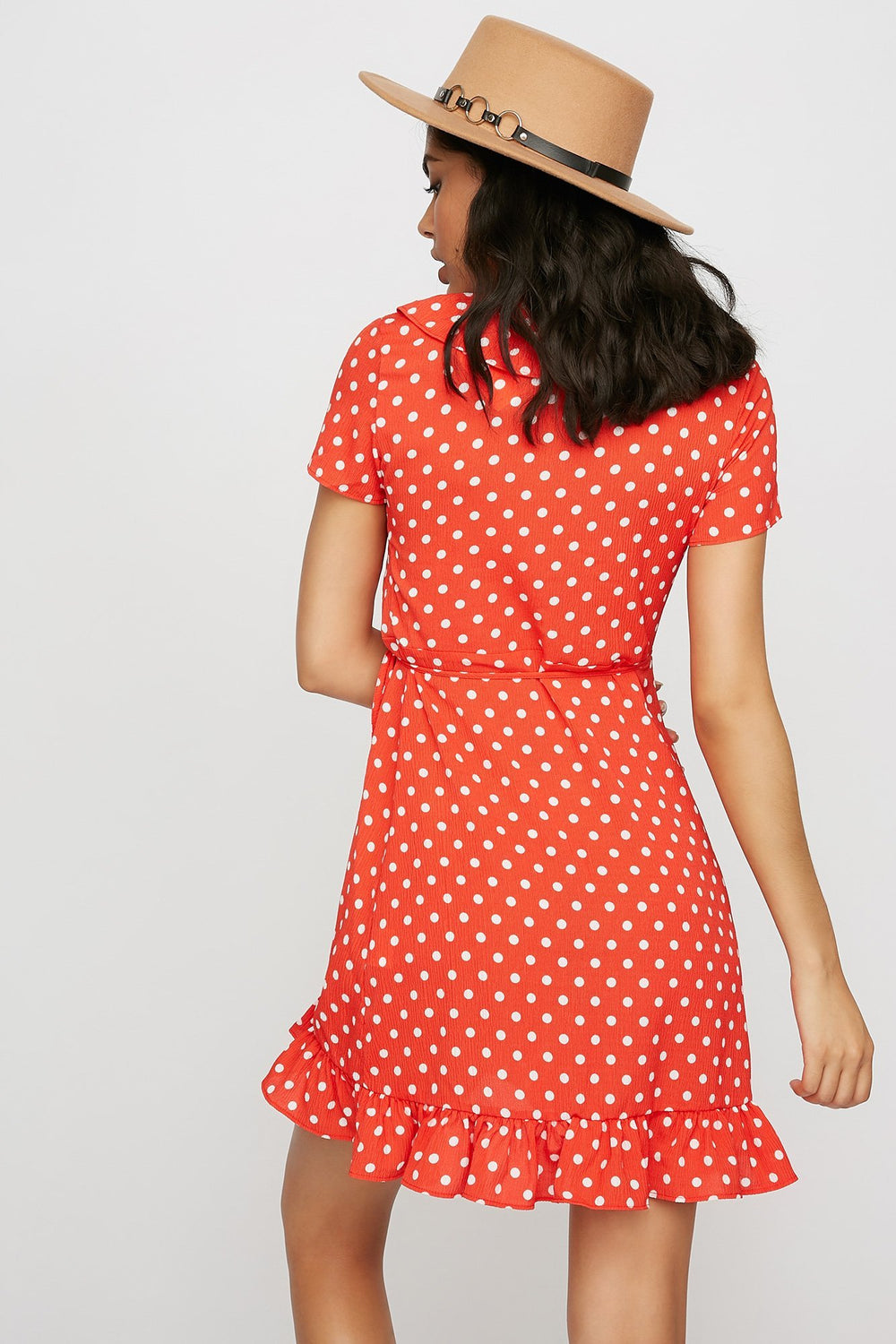 Women Robe cache-cur volantée à pois Rouge