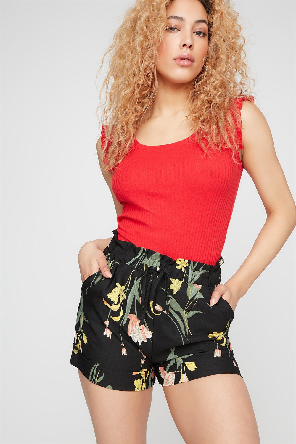 Women T-shirt côtelé volanté Rouge