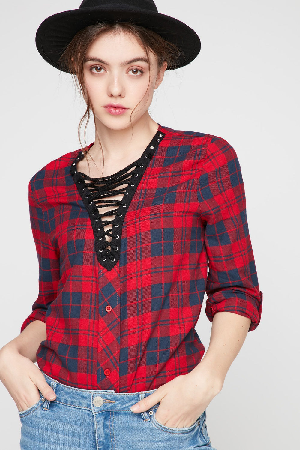 Women Blouse boutonnée lacée à carreaux Rouge