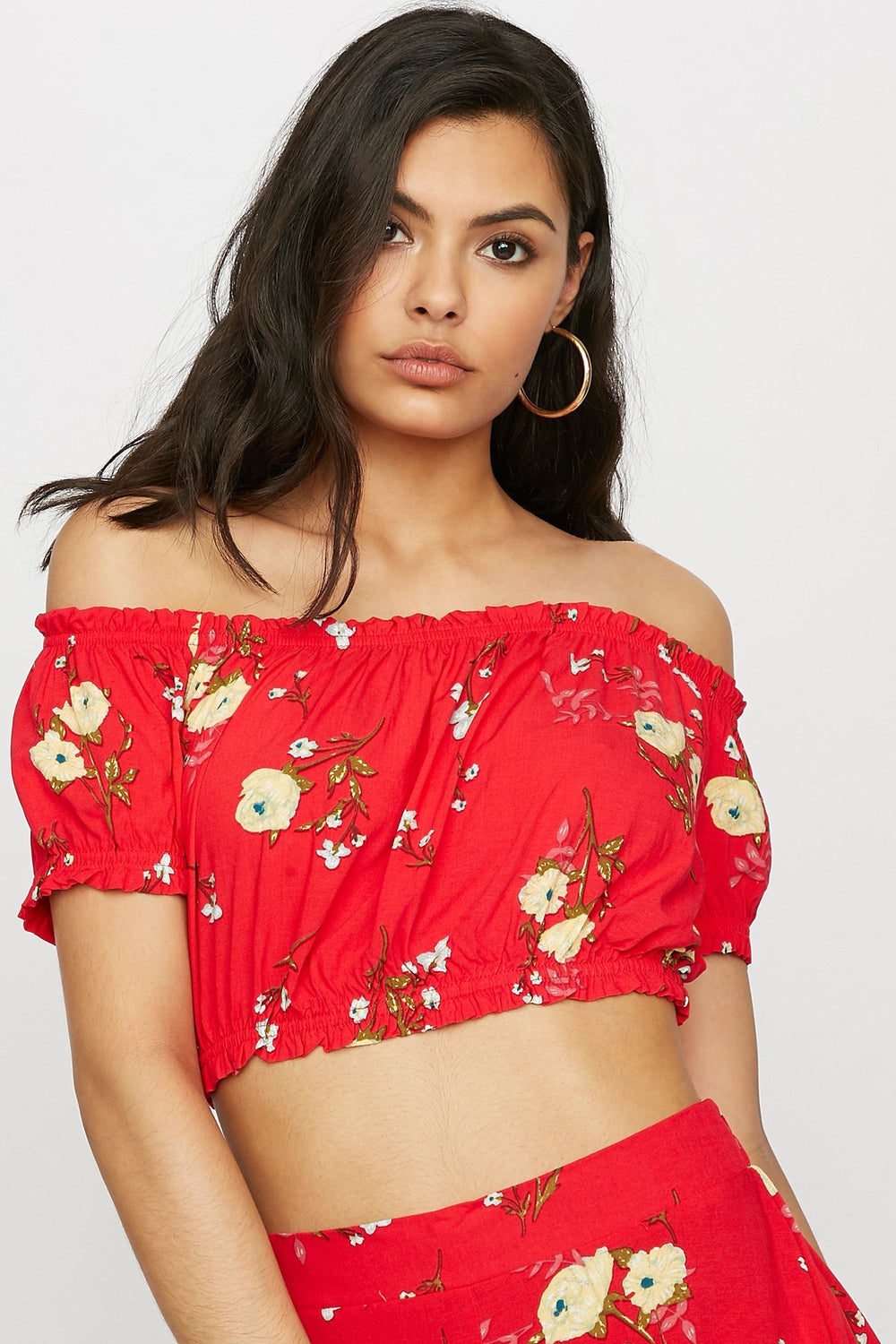 Women Blouse courte cintrée imprimée à épaules dénudées Rouge