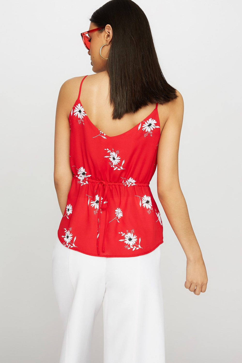 Women Blouse fleurie à encolure en V et taille coulissante Rouge