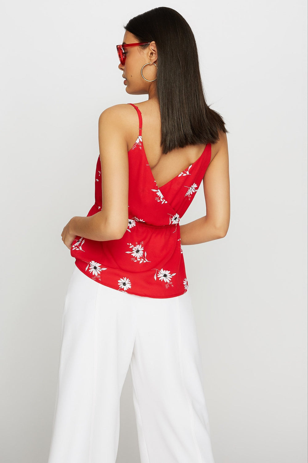 Women Blouse fleurie à encolure en V et taille coulissante Rouge