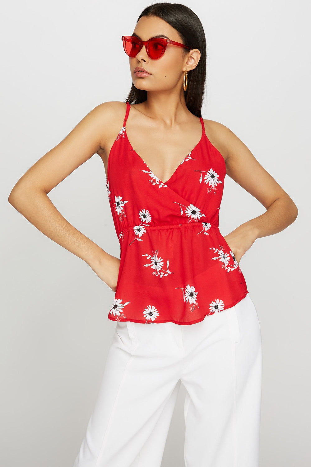 Women Blouse fleurie à encolure en V et taille coulissante Rouge