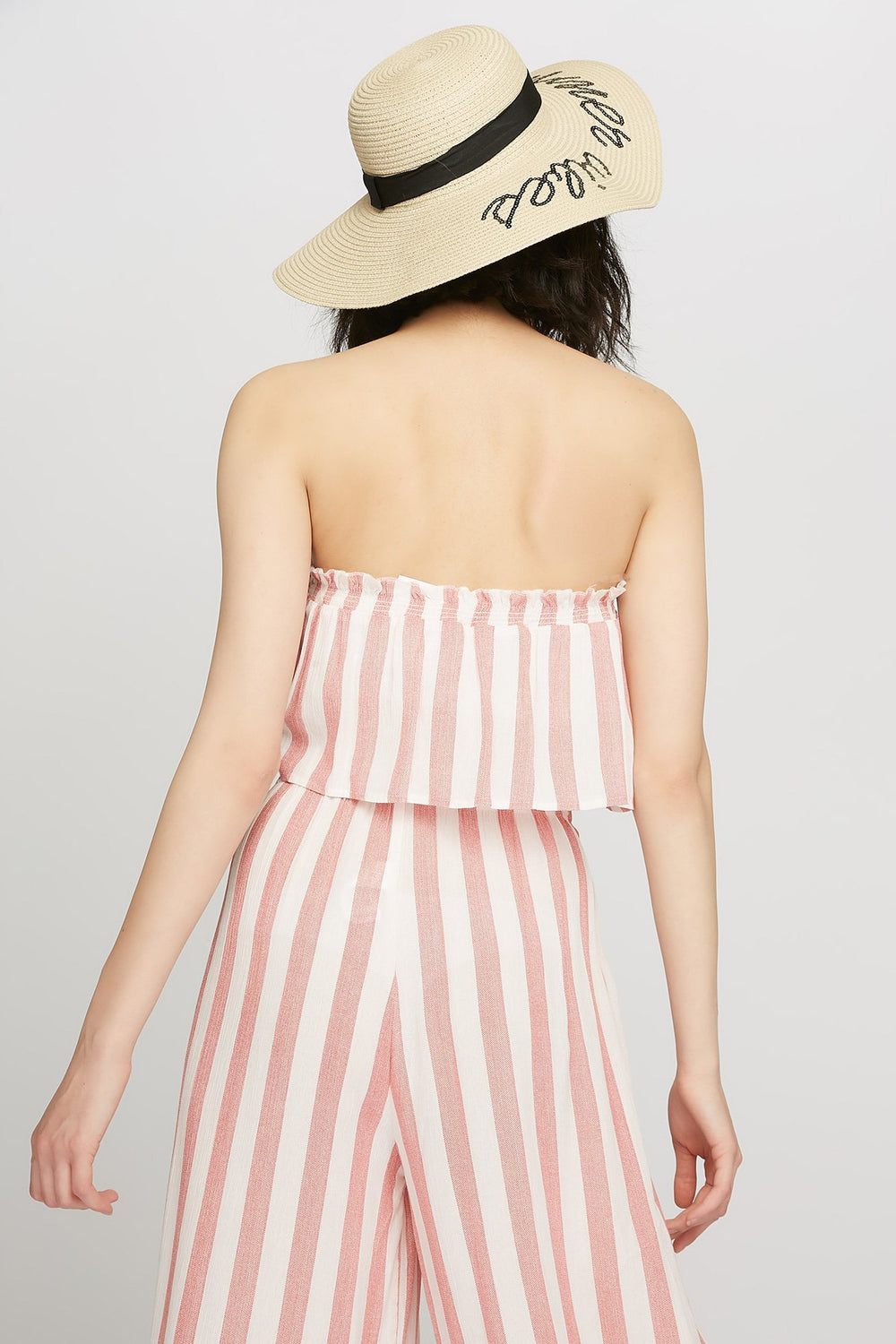 Women Bustier tubulaire volanté rayé Rouge