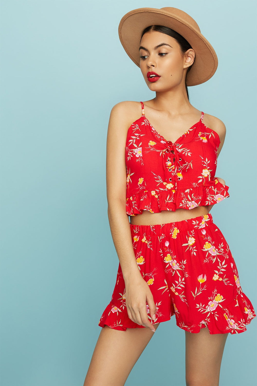 Women Camisole fleurie courte volantée lacée Rouge