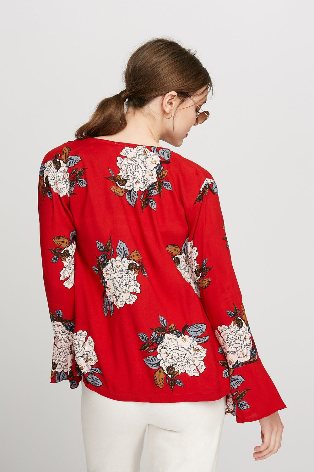Women Cardigan-kimono ouvert fleuri à manches évasées Rouge