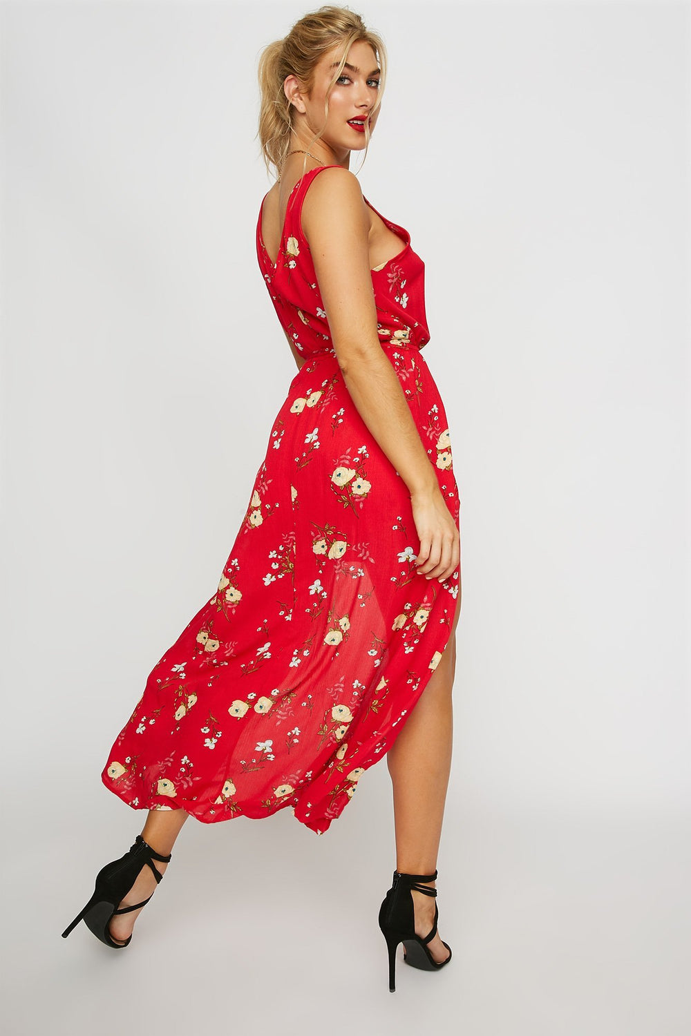 Women Combi-short asymétrique fleuri à encolure en V avec ceinture Rouge