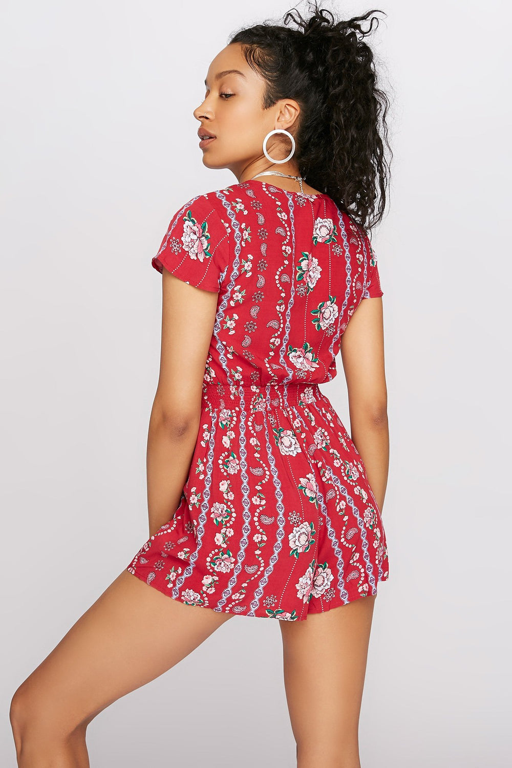 Women Combi-short fleuri noué devant Rouge