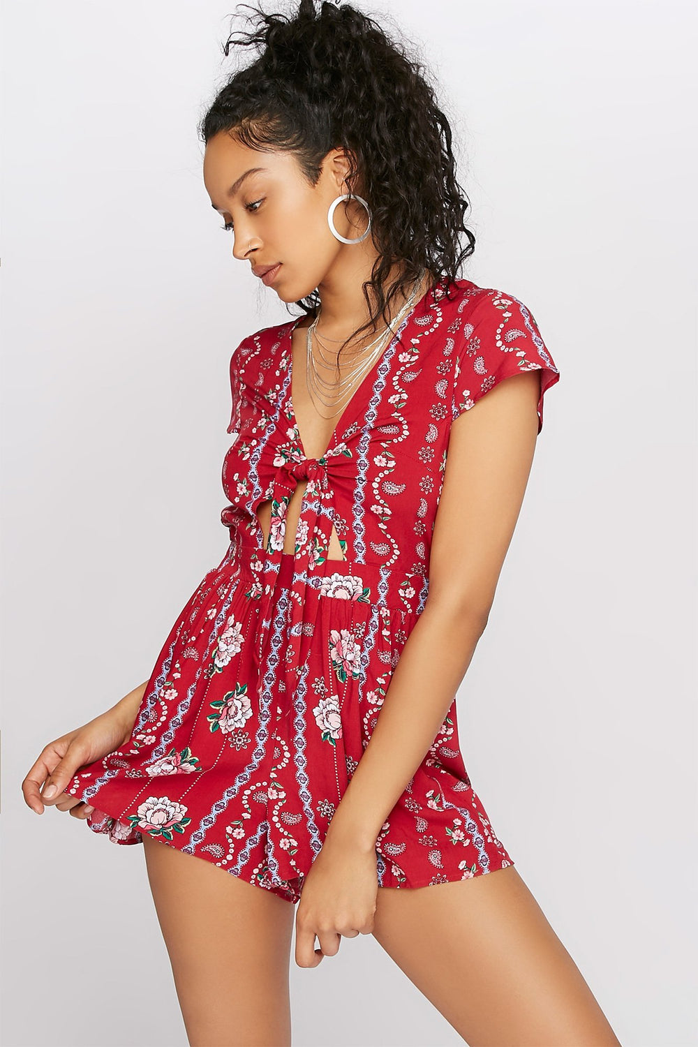 Women Combi-short fleuri noué devant Rouge
