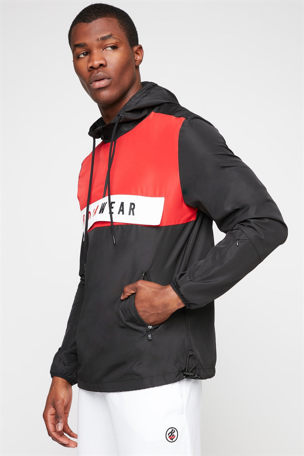 Men Coupe-vent Rocawear à capuchon avec blocs de couleurs et taille coulissante Rouge